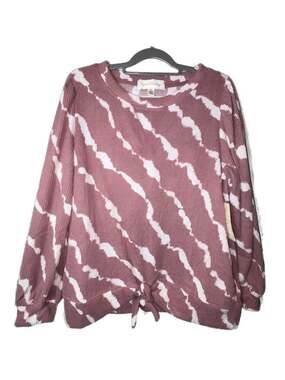 French Laundry Mauve and White Diagonal Tie-Dye Ribbed Long Sleeve Top with Tie